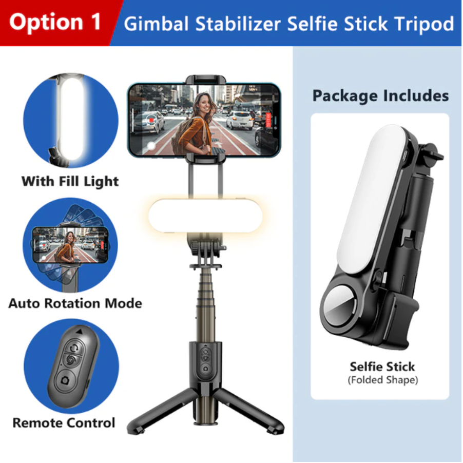 Gimbal Selfie Stick Tripod with Fill Light