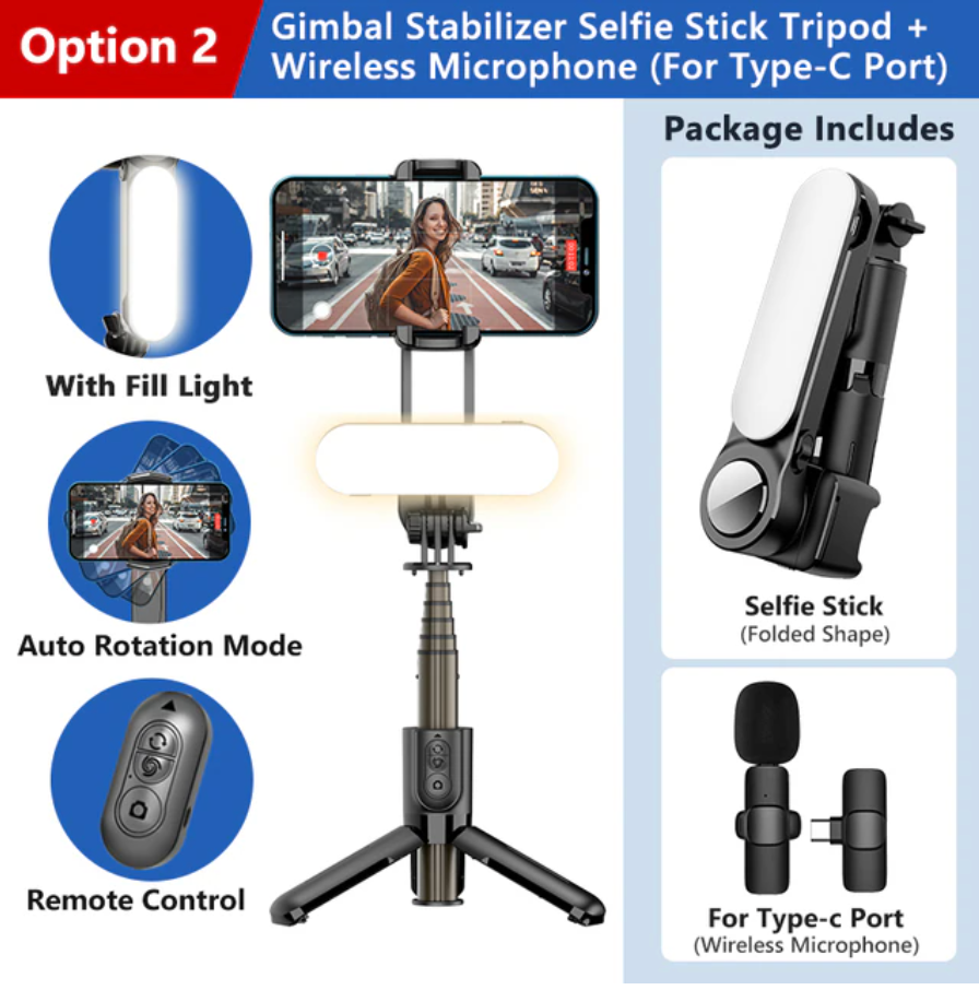 Gimbal Selfie Stick Tripod with Fill Light