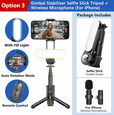 Gimbal Selfie Stick Tripod with Fill Light